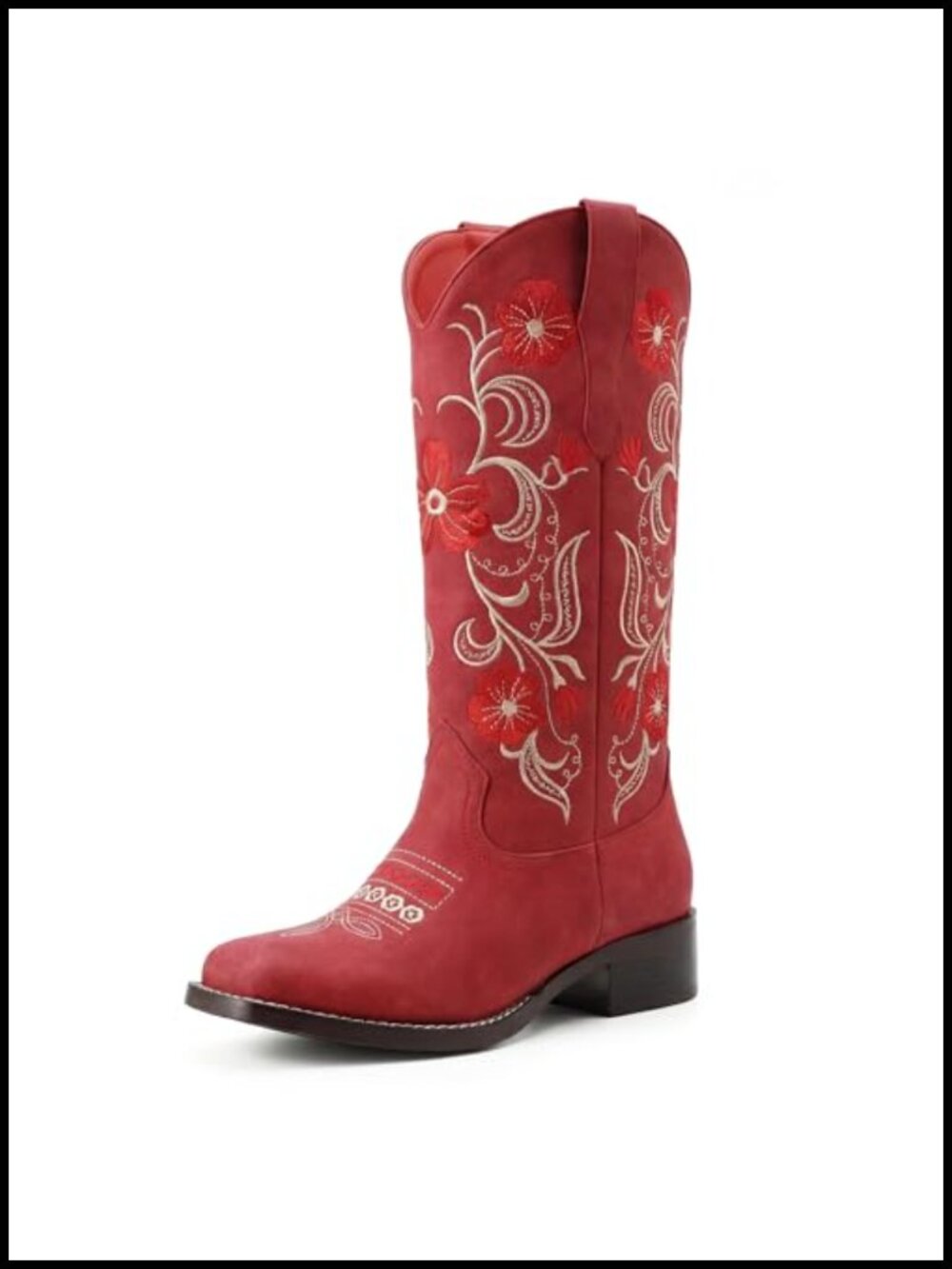 Western Cowboy Boots Square Toe Mid Calf Sunflower Embroidered Pull On Chunky